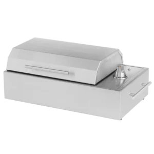 Kenyon Argentina parrillas eléctricas City Grill con tapa cerrada vista en ángulo.